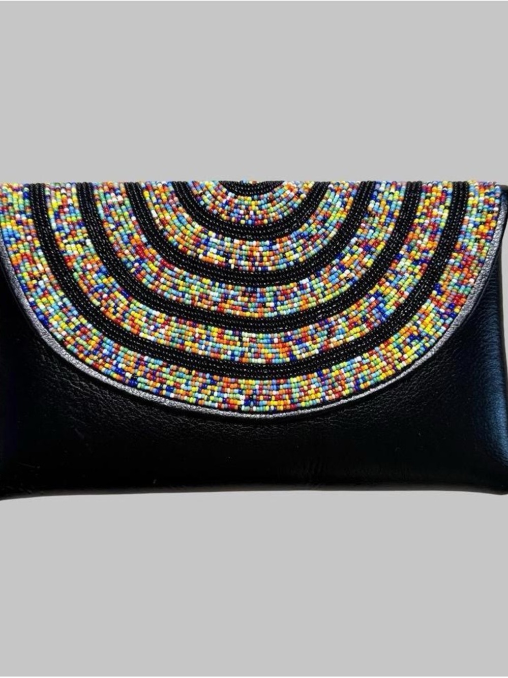 Black Beaded Envelope Clutch with Multicolor Seed Beads